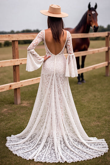 White Lace V Neck Sweep Train Boho Wedding Dress with Slit
